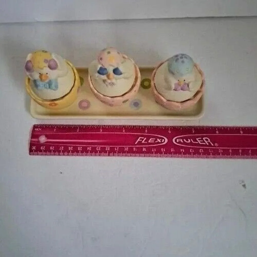 Easter Chicks See Hear Speak No Evil Tea Light Candle Holders Ceramic Set Tray